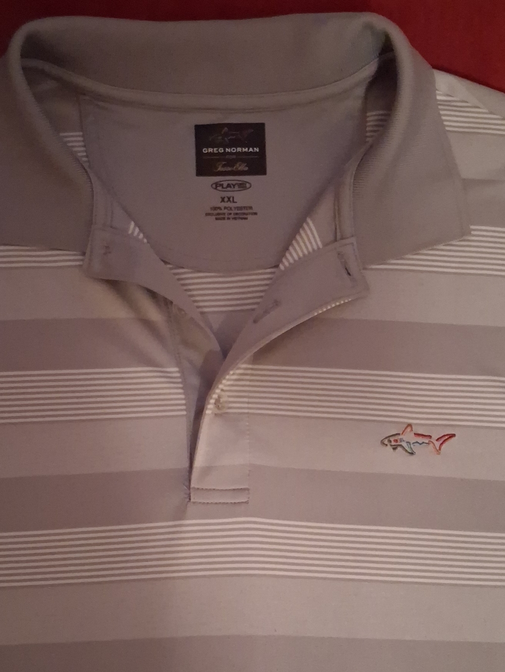 Greg Norman Collection Light Gray Striped Polo with Shark Logo